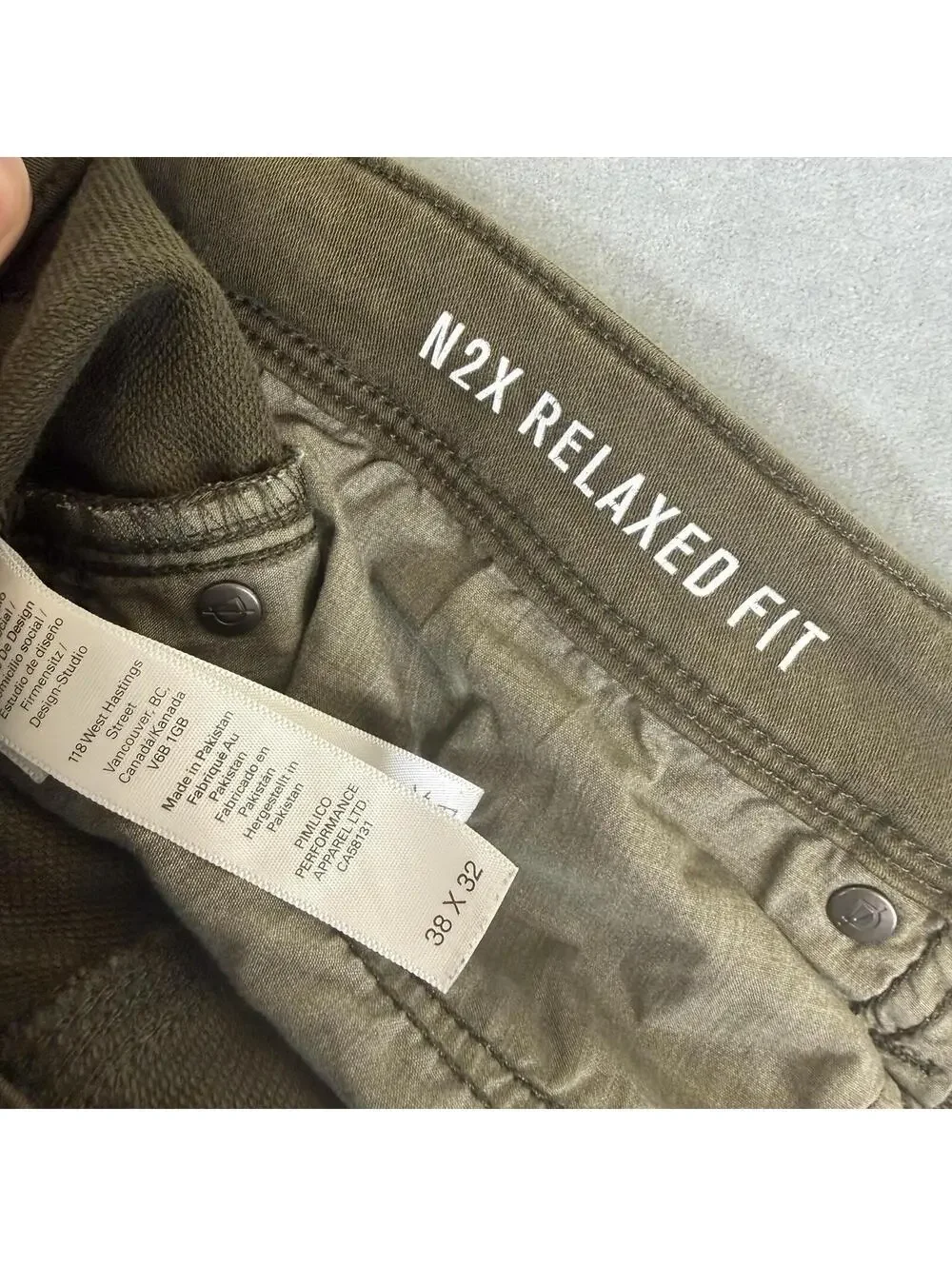 DUER N2X Relaxed Fit Pants Mens 38x28* Green Olive Chino 5 Pocket Casual Stretch